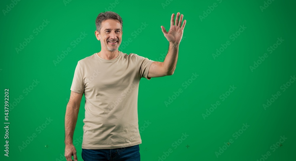 Middle-aged Man Waving on Green Screen Middle-aged Man Waving on Green Screen