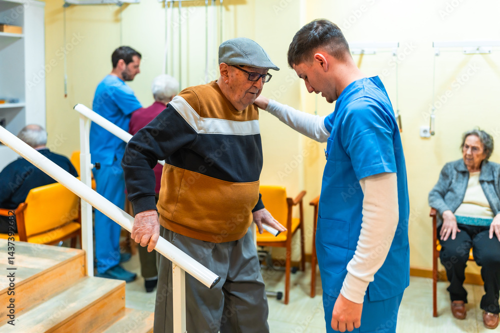 Nurse assisting elderly man climbing stairs in nursing home