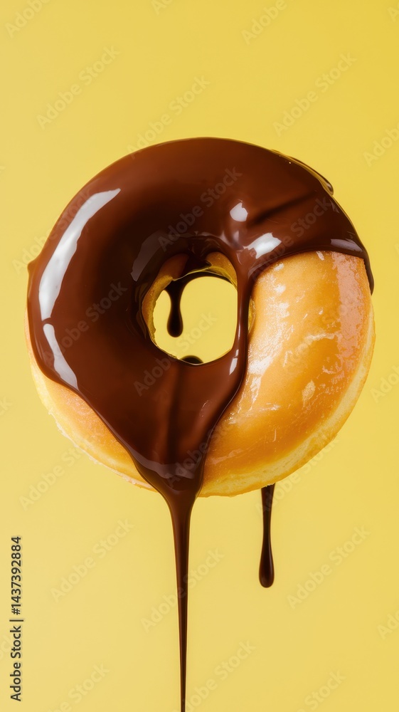 Obraz premium Glossy chocolate donut dripping glaze on soft yellow background in close-up view