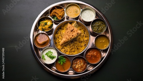Traditional Indian non-veg thali from Maharashtra with spicy dishes and aromatic flavors. A hearty, cultural, and vibrant meal experience.