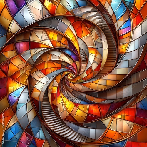 Colorful spiral staircase, stained-glass effect