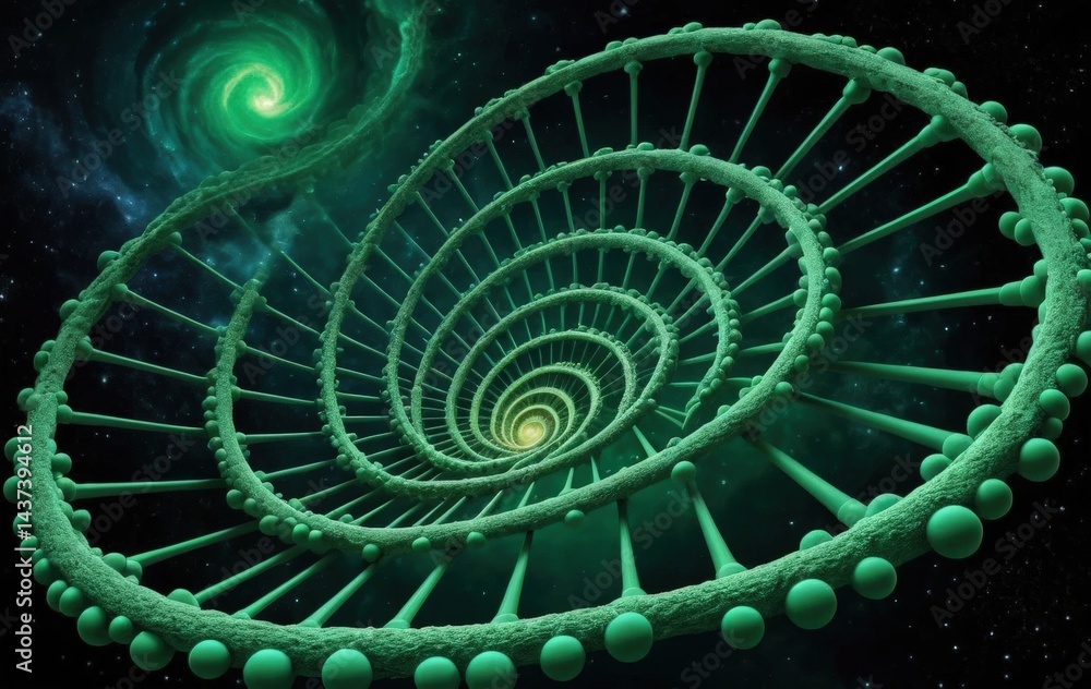 Fototapeta premium A vibrant green spiral structure gracefully twists upward, featuring numerous glossy spheres nestled at its core, creating a captivating focal point.