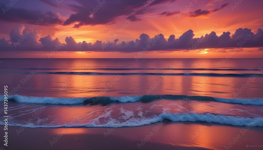 Fototapeta premium Spectacular coastal sunset showcases a breathtaking orange and purple sky reflecting on the ocean.