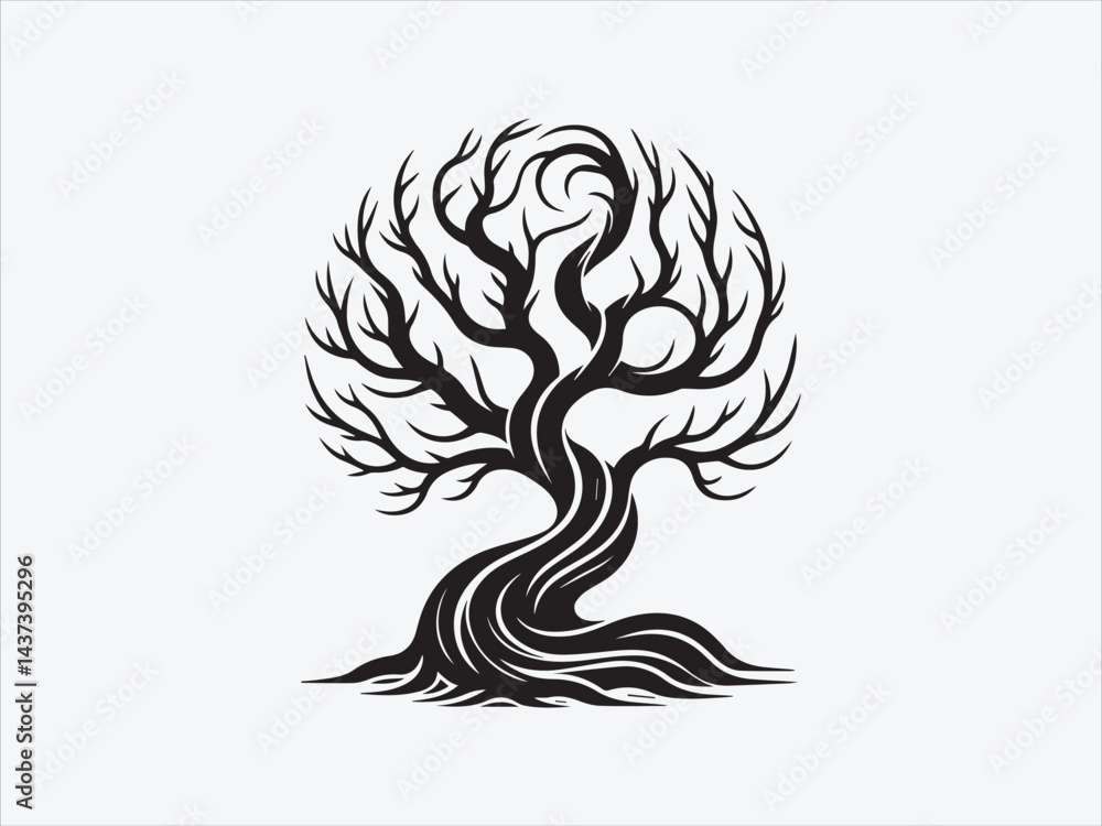 Fototapeta premium Twisted tree silhouette / icon with bare, gnarled branches isolated on white background for nature