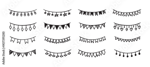 Holiday bunting doodle set. Hand drawn outline birthday garland of flags, hearts, stars, circles. Children doodle drawing