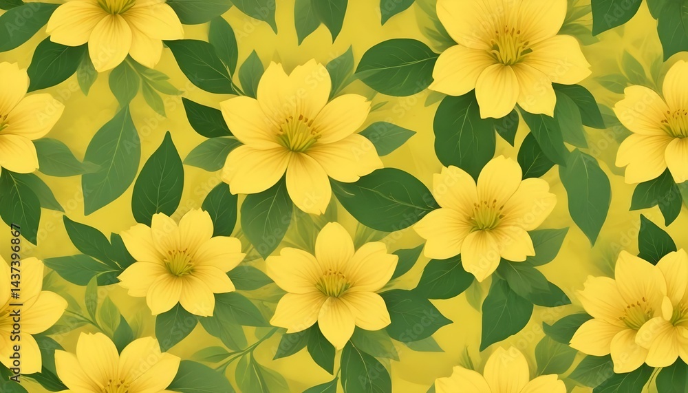 Obraz premium A seamless floral pattern showcasing bright yellow flowers and green foliage against a sunny backdrop.
