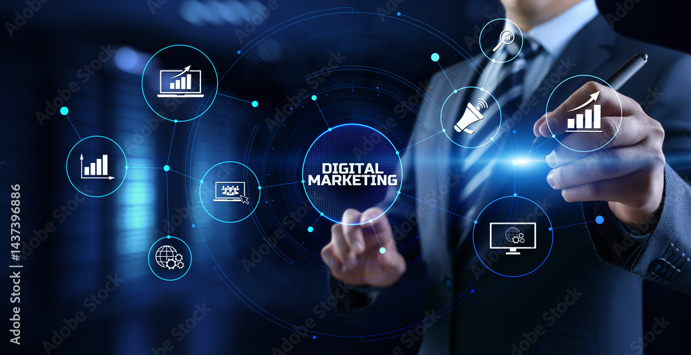 Fototapeta premium DIgital marketing online internet SEO SEM SMM. Businessman pressing button on screen.