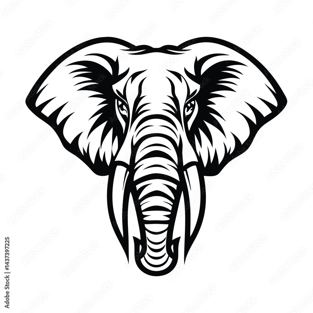 Obraz premium Elegant African Elephant, Monochrome Silhouette, Wild Animal, Circular Frame, Plants