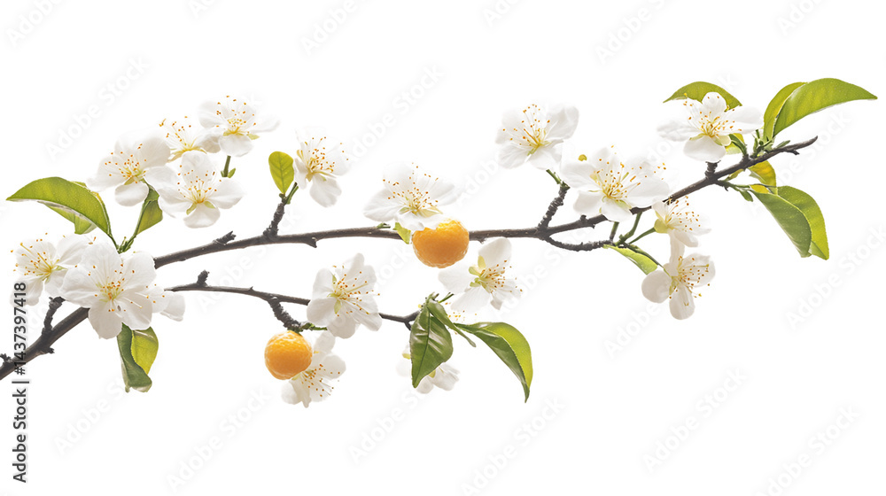 Obraz premium Delicate White Blossoms and Yellow Fruit on Branch, PNG