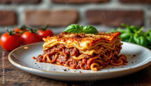 Macro view of juicy rustic lasagna on a plate with natural brick wall background