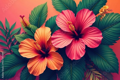 Wallpaper Mural Bold, graphic hibiscus blooms, tropical leaves, vibrant color blocking, textile, flowers, leaves Torontodigital.ca