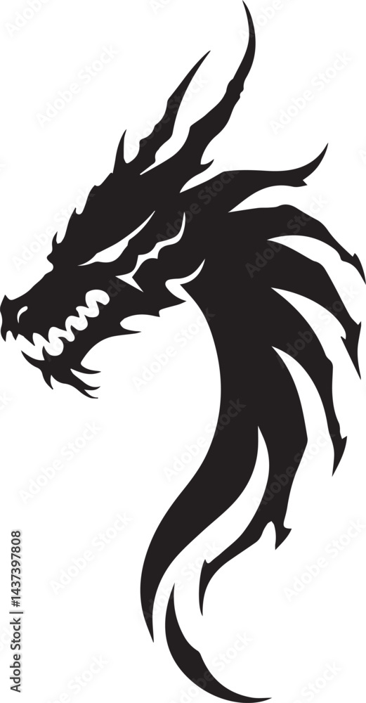 Naklejka premium Dragon tattoo design, vector illustration, Dragon logo, black and white illustration of a stylized dragon, transparency background.