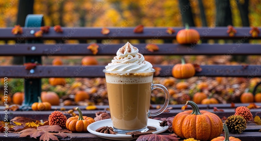 Obraz premium Pumpkin spice latte in a to go cup with whipped cream on autumn bench background
