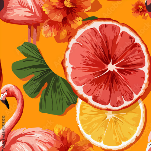 Tropical Flamingo Pattern Vibrant pink flamingos, juicy citrus fruit slices, and lush tropical flowers create a lively, summery design perfect for textiles, wallpaper, and more.