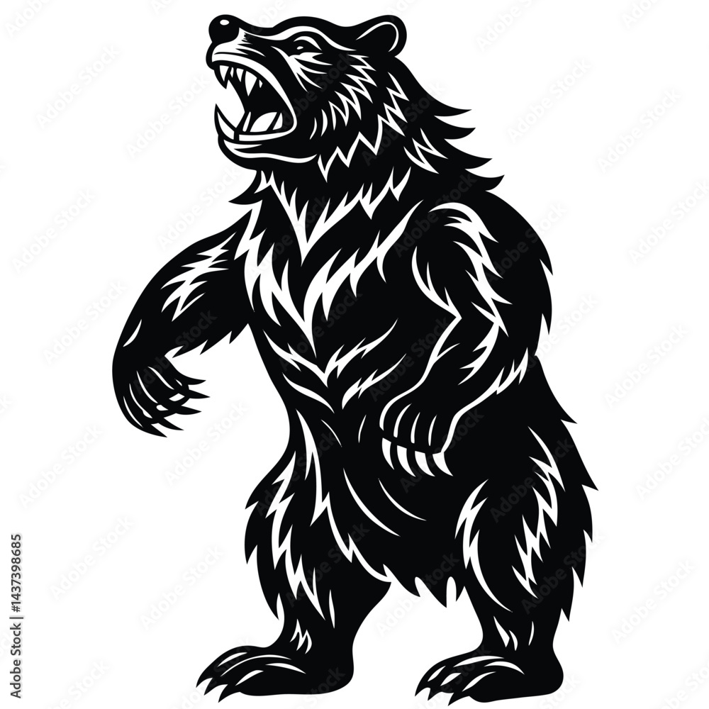 Aggressive Bear Roaring On Hind Legs Silhouette, Wildlife Animal Standing Angry Beast Aggressive Bear Roaring On Hind Legs Silhouette, Wildlife Animal Standing Angry Beast