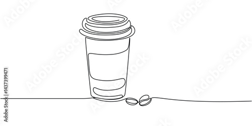 Cup of coffee take away one line continuous. Line art, isolated on white background.