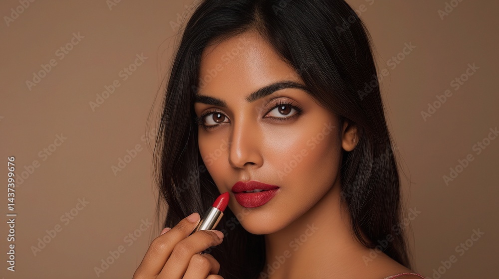 South Asian Woman Applying Lipstick in Elegant Beauty Portrait South Asian Woman Applying Lipstick in Elegant Beauty Portrait