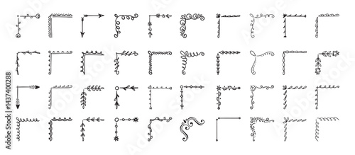 Doodle hand drawn corner border set with different shapes. Flourish, flower decoration. Isolated vector illustration for wedding, greeting banner design. sketch style Corners drawn by brush, pen.