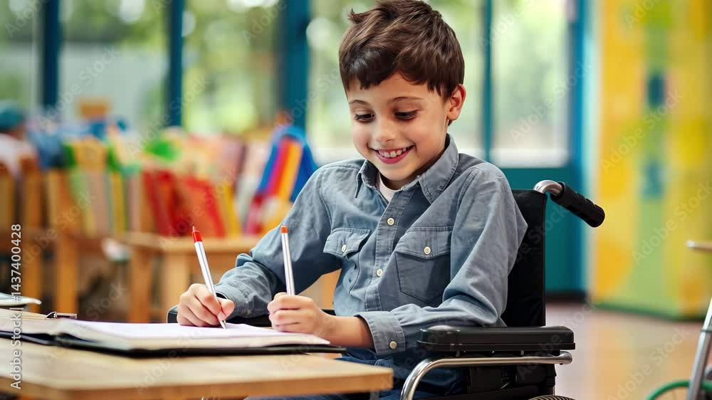 Handicapped student engaged in creative writing at an inclusive classroom during the afternoon, showcasing participation among peers in a supportive environment Handicapped student engaged in creative writing at an inclusive classroom during the afternoon, showcasing participation among peers in a supportive environment