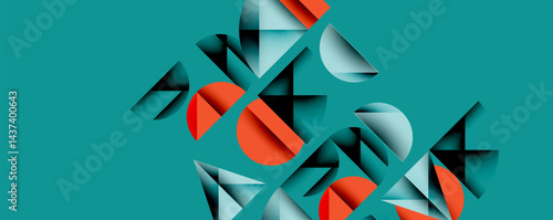Abstract geometric shapes overlap, creating dynamic composition. Teal background contrasts with red, gray elements. Modern design.