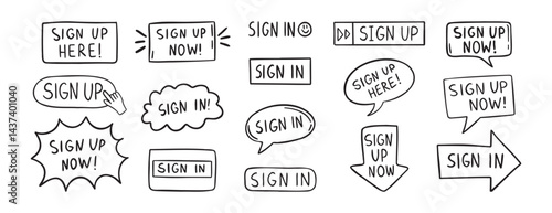 sign up text icon. Sign in doodle hand drawn icon set. Outline drawing line clipart symbol
