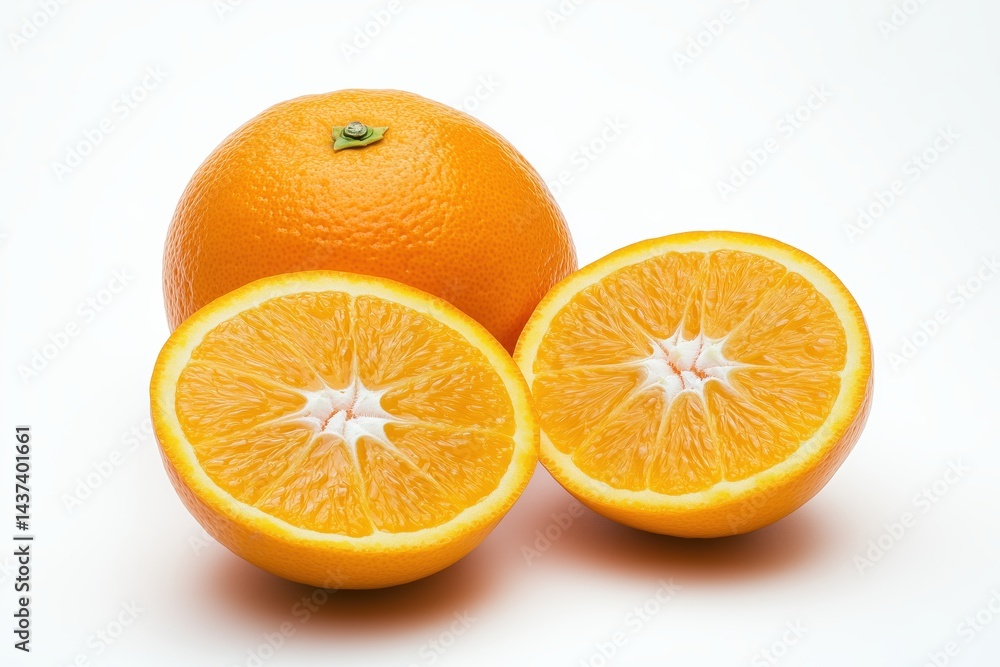 A whole orange alongside a halved one, isolated on a white background A whole orange alongside a halved one, isolated on a white background