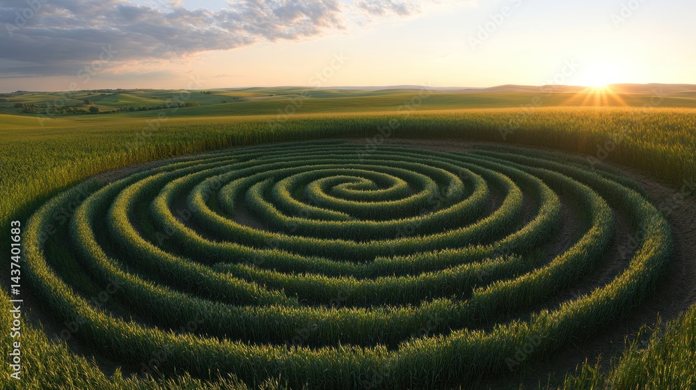 Sunset over a spiral crop circle in a vast, rolling field of green Sunset over a spiral crop circle in a vast, rolling field of green