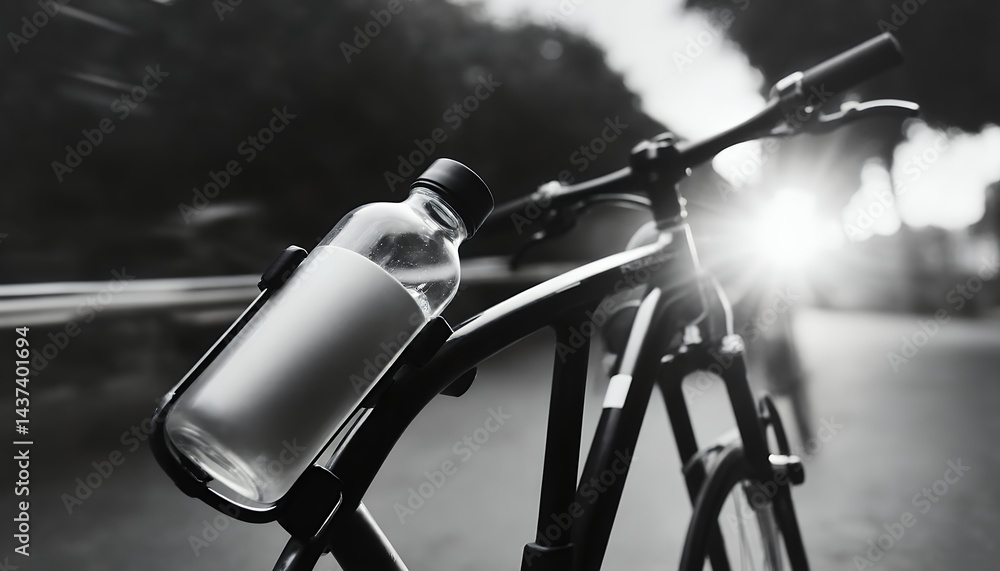 Fototapeta premium Blank thermos bottle in a bicycle with blurred black-white background. Bottle mockup