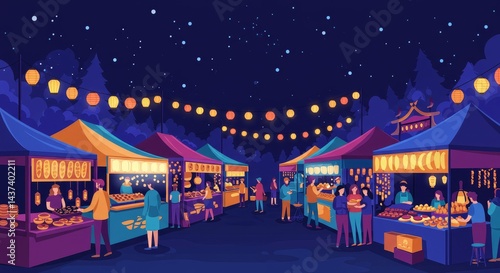 Night market magic enchanting street food scene vibrant lanterns glowing happiness