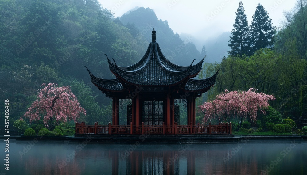 Obraz premium Misty Asian Pagoda Reflects in Pond