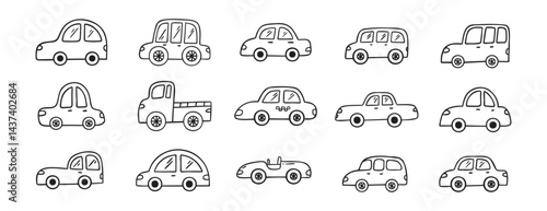 Car doodle hand drawn line icon set. Car drawing outline clipart
