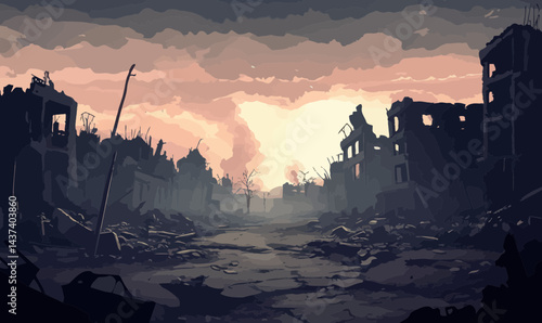 Post-Apocalyptic Urban Ruins: Abandoned Cityscape After War Devastation