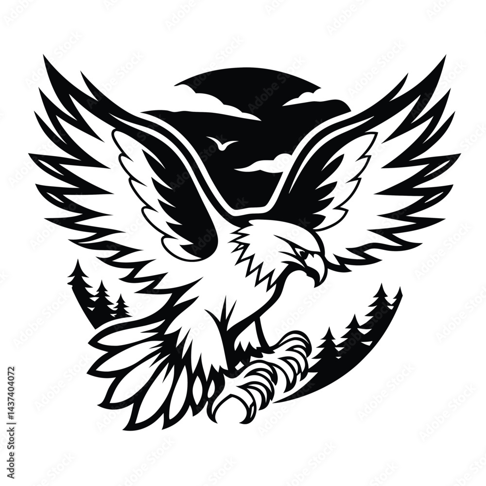 Obraz premium Majestic Eagle with Spread Wings Powerful, Decorative Silhouette, Black and White Icon