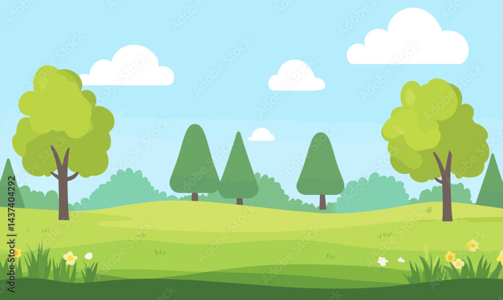 Tranquil Green Landscape Vector Illustration with Trees and Grass in a Serene Natural Setting Tranquil Green Landscape Vector Illustration with Trees and Grass in a Serene Natural Setting