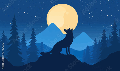 Minimalist Nighttime Wolf Silhouette Under Full Moon in Forested Mountains Vector