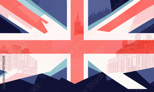 United Kingdom Flag Illustration with Iconic Landmarks in Modern Flat Vector Style