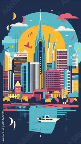 Vintage Nashville Skyline Abstract Cityscape Poster for Tennessee Music Town