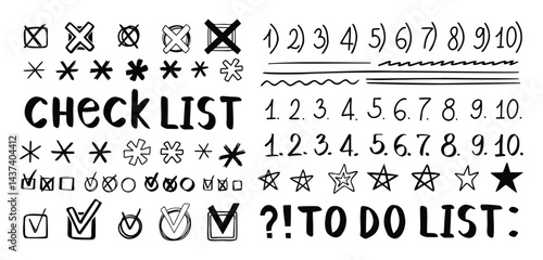 Doodle checklist, hand drawn check marks, asterisks and numbers. To do list, checkmarks outline different scribble shapes and silhouettes.