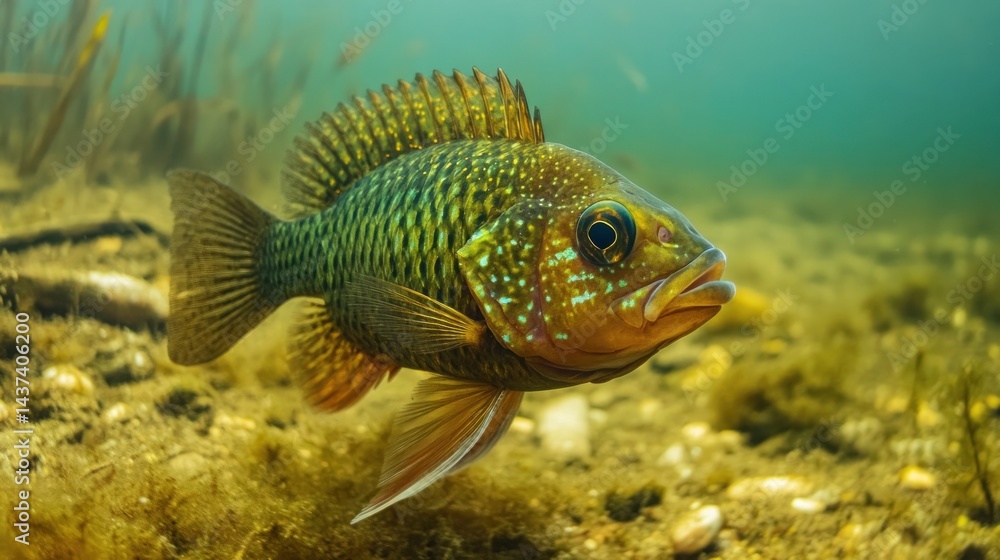 Fototapeta premium A vibrant fish swims in shallow water