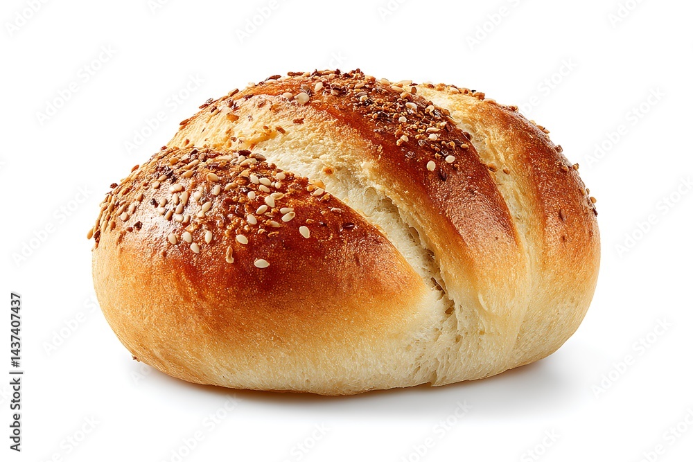 Isolated Baked Bread Roll On White Background Featuring Grain Seeds Isolated Baked Bread Roll On White Background Featuring Grain Seeds
