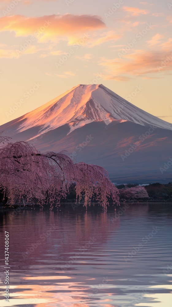 Fototapeta premium Dramatic sunrise over Mount Fuji with cherry blossoms and reflection