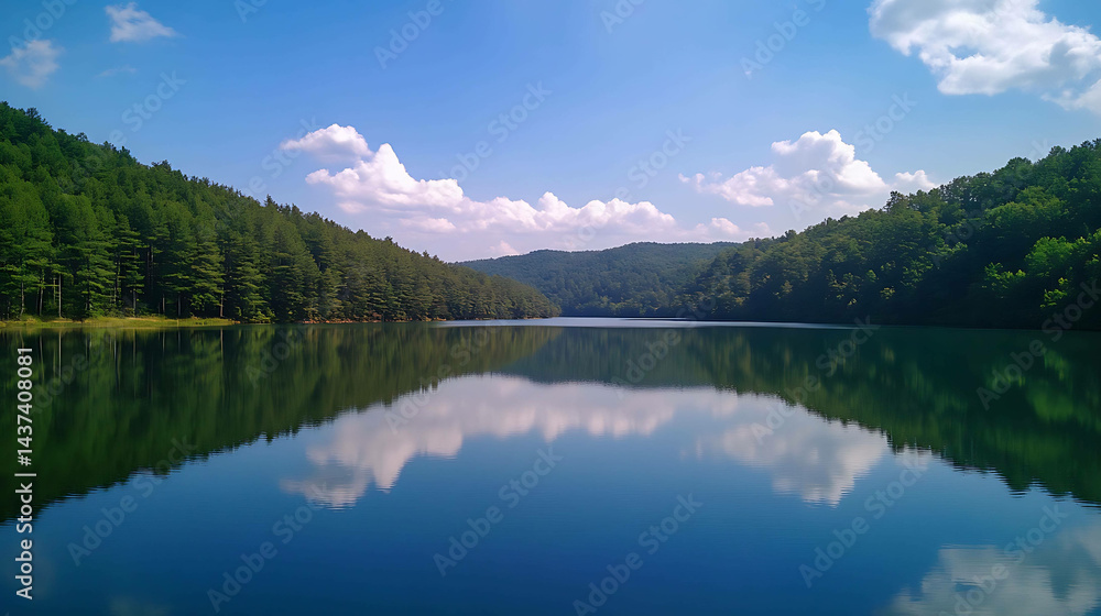 Fototapeta premium Serene mountain lake reflecting the surrounding forest and blue sky