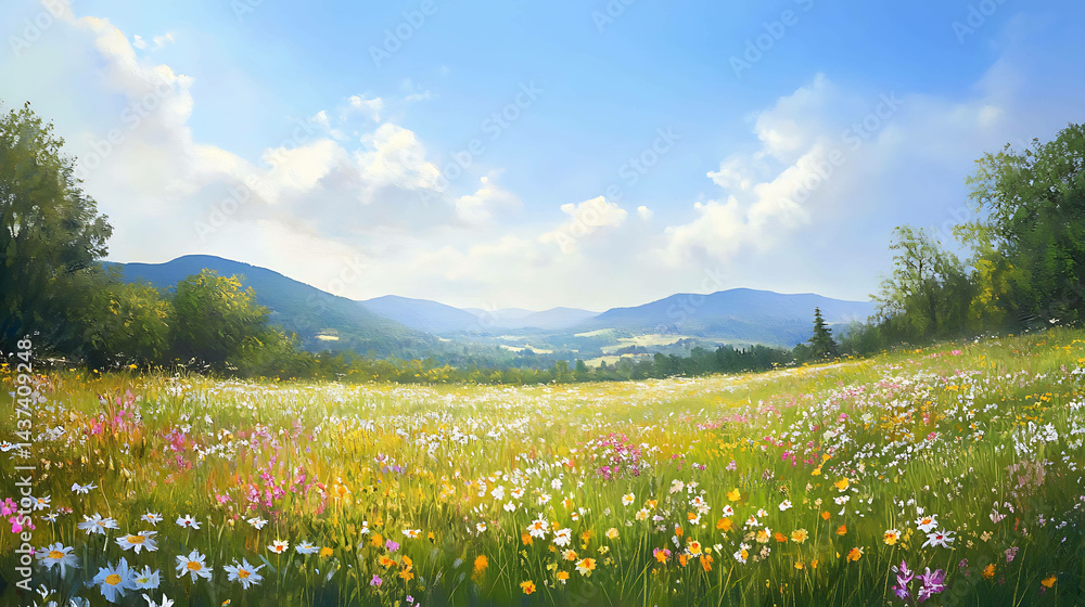 Obraz premium Tranquil meadow with wildflowers under a clear sunny sky