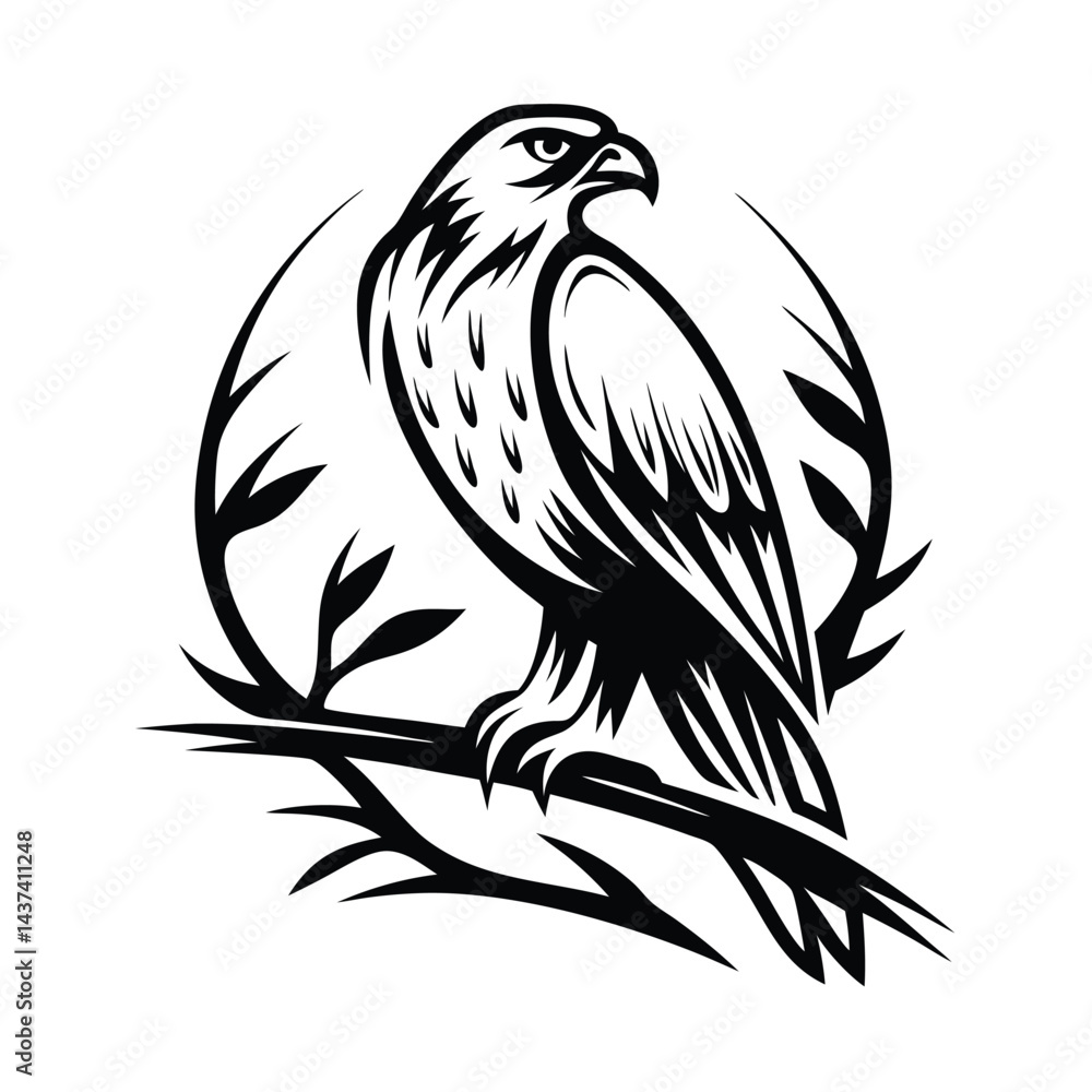 Naklejka premium Stylized Eagle Silhouette on Branch, Bold Black and White Design, Perched Bird, Circle