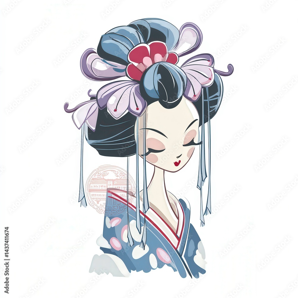 Elegant geisha wearing traditional attire with a detailed hair ornament in soft colors Elegant geisha wearing traditional attire with a detailed hair ornament in soft colors