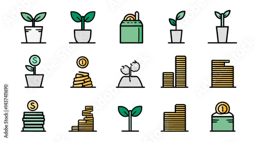 Icon sheet, simple shapes, Plant Growing from Coins icons