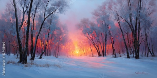 Winter Sunrise in a Snowy Forest.  Possible use Stock photo for nature, winter, landscape, sunrise, and frost themes photo