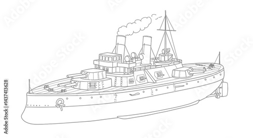 Nineteenth Century Ironclad Warship Ship Outline for Childrens Coloring Activity