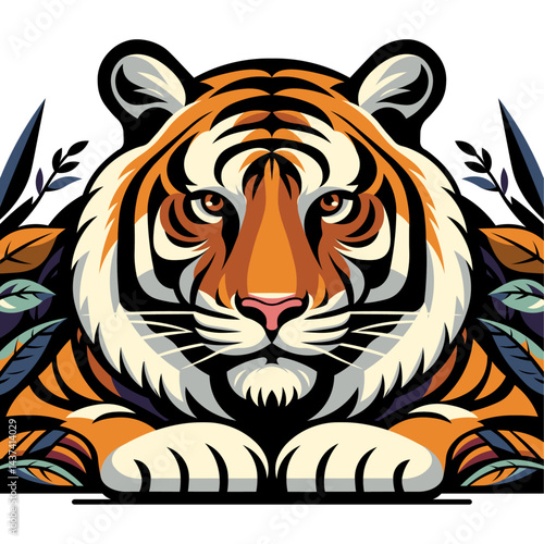 tiger sitting patiently in a bush animal portrait flat color block editable vector illustration good for cartoon and t-shirt print