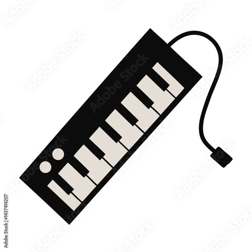 Isolated Black And White Vector Illustration Of A Small Electronic Keyboard Synth